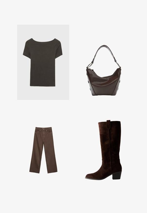 Czarna szara bluzka z krótkim rękawem i dekoltem w kształcie łódki. Wykonana z prążkowanej tkaniny, ma luźny krój i czyste wykończenie. Prosty design, bez wzorów.; Szerokie brązowe dżinsy wykonane z denimu, z wysokim stanem, przednimi kieszeniami i klasycznym zapięciem na guzik. Gładka faktura z subtelnym przeszyciem.; Brązowy zamszowy but sięgający kolan z szpiczastym noskiem i niskim, zakrytym obcasem. Posiada dekoracyjne szwy i detale wzdłuż cholewy.; Ciemnobrązowa skórzana torebka o zaokrąglonym kształcie, zamykana na zamek błyskawiczny, z krótkim uchwytem. Posiada metalowe elementy i ozdobne czarne guziki po bokach.