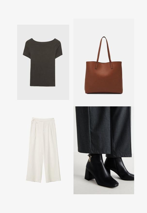 Top corto grigio scuro con scollatura a barca. Realizzato in tessuto a costine, presenta una vestibilità rilassata e un orlo pulito. Design semplice, senza motivi.; Pantaloni a gamba larga in tessuto bianco sporco con una texture liscia. Presentano una vita legata e una parte anteriore plissettata, progettati per una vestibilità comoda.; Stivali alla caviglia in pelle nera con punta quadrata e tacco a blocco. Presentano un dettaglio in oro sulla tracolla. Abbinati a pantaloni larghi grigi.; Borsa tote in pelle marrone con texture liscia, design con apertura superiore e due spallacci. Presenta cuciture minime e nessun hardware visibile.