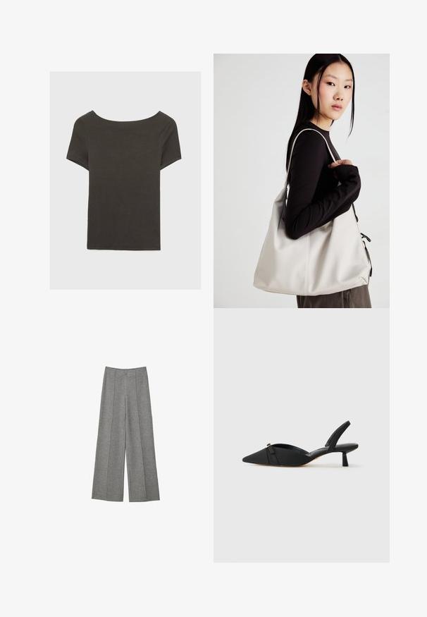 Temno siva kratka majica s čolnasto izrezom. Narejena iz rebraste tkanine, ki ima sproščen kroj in čist rob. Preprost dizajn, brez vzorcev.; Sive široke hlače iz teksturirane tkanine. Imajo faculdade na sprednji strani, pas in brez vidnih zaponk.; Črne sandale s peto in pointe, zgornji del iz tkanine, detajl z lokom na vampu ter nizka, cilindrična peta.; Bežna torbica iz mehkega materiala, z ohlapno zasnovo, šivi in dvema naramnicama. Primerna za vsakodnevno uporabo.