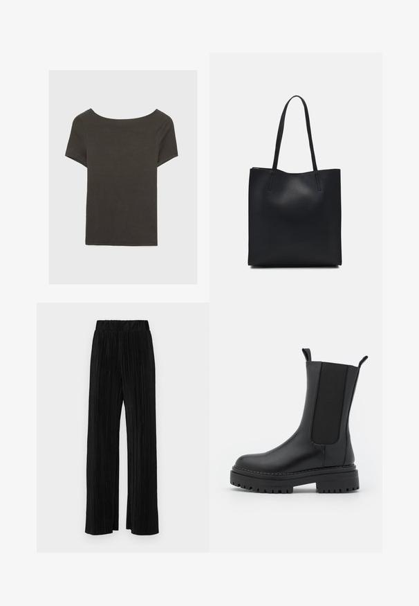 Tummanharmaa lyhythihainen paita, jossa on venepääntie. Valmistettu ribbikankaasta, jossa on rento istuvuus ja siisti helmaviimeistely. Yksinkertainen muotoilu, ilman kuvioita.; Mustat pleatatut housut, joissa on joustava vyötärö. Ominaisuuksiin kuuluvat leveät lahkeet ja sileä, teksturoitu kangas, jossa on pystysuoria raitoja.; RAID CHERISH - Platform-saappaat - black; Mustapahkainen kangaskassi, jossa on sileä pinta, suorakaiteen muotoinen ja kaksi pitkää kahvaa. Ei näkyvää metalliosaa tai koristeita.