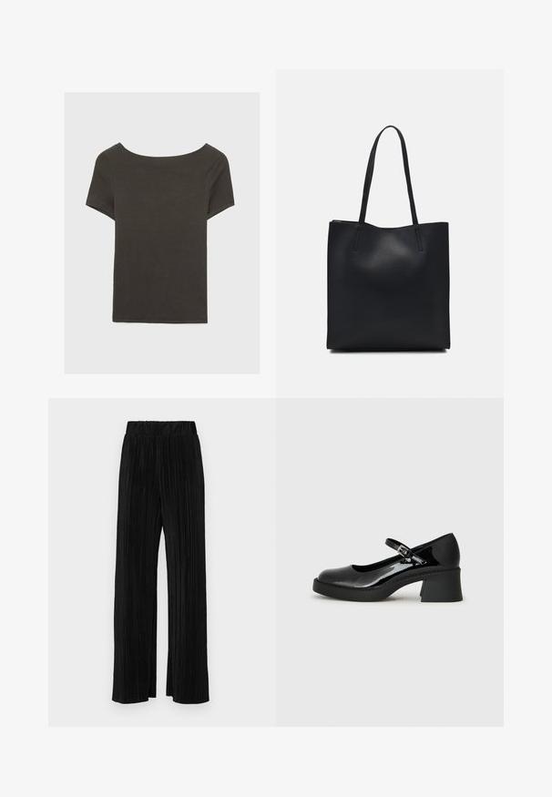 Temno siva kratka majica s čolnasto izrezom. Narejena iz rebraste tkanine, ki ima sproščen kroj in čist rob. Preprost dizajn, brez vzorcev.; Črne plisirane hlače z elastičnim pasom. Imajo široke noge in gladko, teksturirano tkanino z navpičnimi črtami.; Črne patenčne Mary Jane čevlje z zaobljenim nosom, prilagodljivo zaponko in masivnim kvadratnim peto. Imajo teksturirano podplat.; Črna usnjena torba s svilnato teksturo, pravokotne oblike in dvema dolgima ročajema. Brez vidnih metalnih delov ali okrasnih elementov.