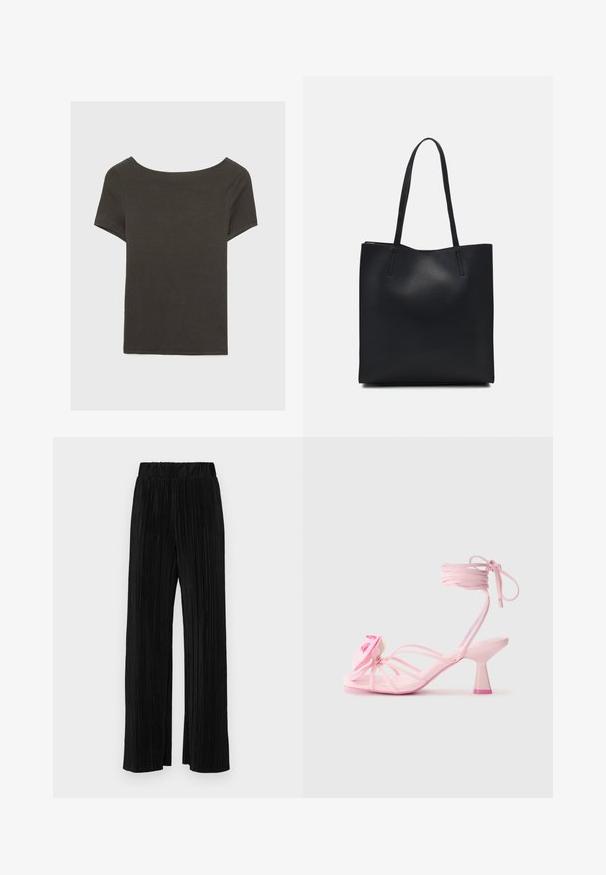 Dunkelgraues Kurzarmoberteil mit Bootsausschnitt. Hergestellt aus geripptem Stoff, mit lockerer Passform und sauberem Saum. Einfaches Design, ohne Muster.; Schwarze plissierte Hose mit elastischem Bund. Verfügt über weite Hosenbeine und einen glatten, strukturierten Stoff mit vertikalen Streifen.; Rosa Absatzsandalen mit dünnen Riemen und einem Blumenakzent auf der Zehe. Der Absatz hat ein klobiges Design mit einer kontrastierenden rosa Spitze. Glatte Textur.; Schwarze Laptoptasche aus Leder mit glatter Textur, rechteckiger Form und zwei langen Griffen. Keine sichtbaren Beschläge oder Verzierungen.
