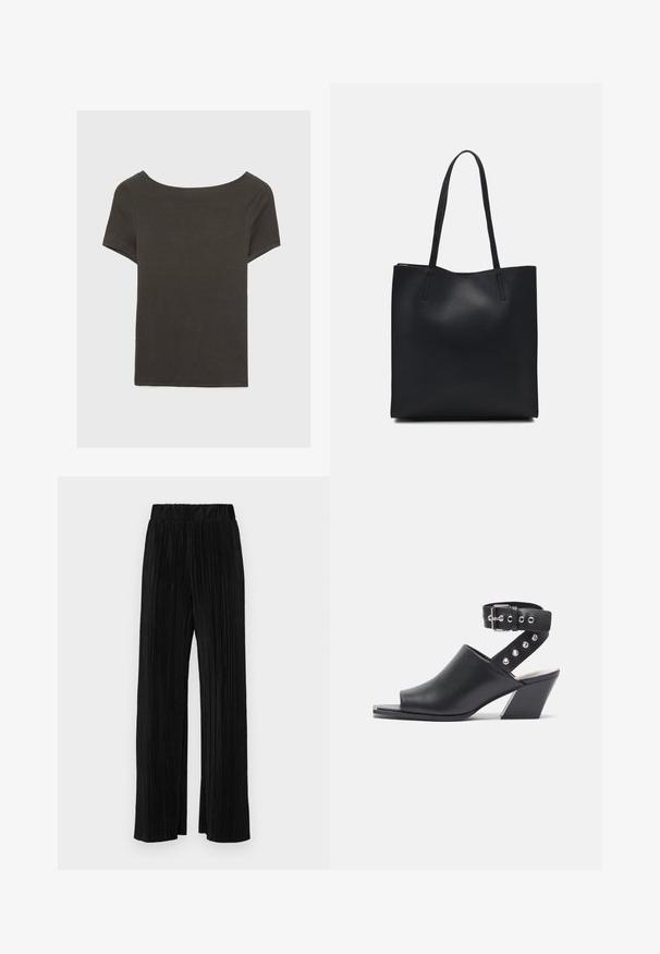 Mörkgrå kortärmad topp med båthals. Tillverkad av ribbad tyg, med avslappnad passform och ren fåll. Enkelt design, inga mönster.; Svarta plisserade byxor med resårmidja. Har vida ben och ett mjukt, texturerat material med vertikala ränder.; Öppen tå svart läderklacksandaler med ankelsnöre, som har ett spänne och silverdetaljer på remmen, samt en klack med blockform.; Svart lädertoffelväska med slät textur, rektangulär form och två långa handtag. Ingen synlig hårdvara eller dekorationer.