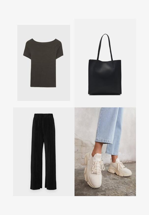 Tamno sivi kratki rukav s izrezom u obliku čamca. Izrađen od rebrastog materijala, s opuštenim krojem i ravnim rubom. Jednostavan dizajn, bez uzoraka.; Crne plisirane hlače s elastičnim pojasom. Imaju široke nogavice i glatku, teksturiranu tkaninu s vertikalnim prugama.; Bež pletene tenisice s teksturiranim gornjim dijelom, okruglim vrhom, debelim potplatom i dekorativnim vezanjem, u kombinaciji s svijetloplavim skraćenim trapericama.; Crna kožna torba za nošenje s glatkom teksturom, pravokutnim oblikom i dvije duge ručke. Nema vidljivih metalnih dijelova ili ukrasa.