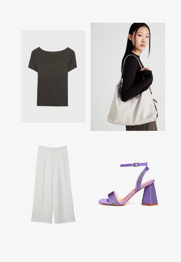 Tmavě šedý top s krátkým rukávem a lodičkovým výstřihem. Vyrobený z ribovaného materiálu, s volnějším střihem a čistým lemem. Jednoduchý design, bez vzorů.; Bílé kalhoty s širokými nohavicemi vyrobené z lehké tkaniny, s elastickým pasem a stahovací šňůrkou pro nastavitelnou velikost. Hladká textura.; Fialové sandály na vysokém podpatku s texturovanou čtvercovou špičkou, ozdobené kamínky, a s přezkou kolem kotníku a geometrickým podpěrem.; Beige kabelka vyrobená z měkkého materiálu, s volným designem, prošívanými detaily a dvěma ramenními popruhy. Vhodná pro každodenní použití.