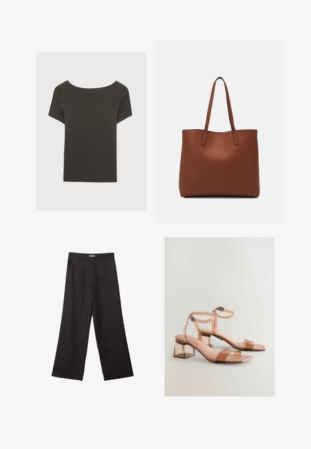 Tmavošedý top s krátkym rukávom a lodičkovým výstrihom. Vyrobený z rebrovanej látky, s voľným strihom a čistým lemovaním. Jednoduchý dizajn, bez vzorov.; Čierne široké nohavice vyrobené z hladkej tkaniny, so zipsom vpredu a dvoma bočnými vreckami, s prispôsobeným strihom a minimalistickým dizajnom.; Priesvitné sandále na blokovom podpätku s nahými popruhmi, štvorcovými špičkami a nastaviteľnými prackami na členkoch; hladká textúra a lesklý povrch.; Hnedá kožená taška na rameno s hladkou textúrou, otvoreným vrchom a dvoma ramenými popruhmi. Má minimálne šitia a žiadne viditeľné kovania.