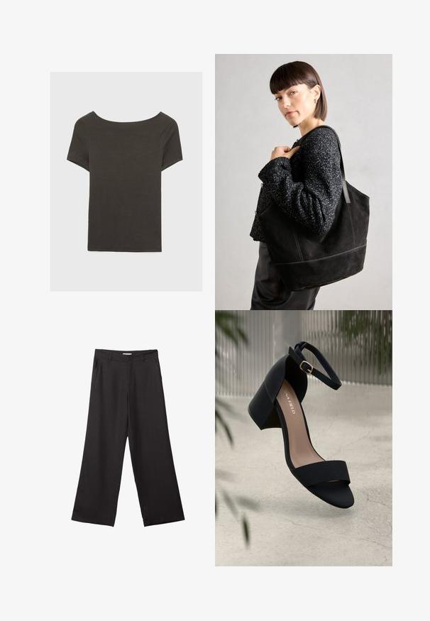 Czarna szara bluzka z krótkim rękawem i dekoltem w kształcie łódki. Wykonana z prążkowanej tkaniny, ma luźny krój i czyste wykończenie. Prosty design, bez wzorów.; Czarne spodnie z szerokimi nogawkami, wykonane z gładkiego materiału, z przednim zamkiem błyskawicznym i dwoma bocznymi kieszeniami, o dopasowanym kroju i minimalistycznym wzornictwie.; Czarna sandał na obcasie z szerokim paskiem i paskiem na kostce, charakteryzująca się matową fakturą i słupkowym obcasem. Logo marki widoczne na wkładce.; Czarna torba tote zamszowa o gładkiej fakturze, strukturalnym kształcie i kontrastowym przeszyciu. Posiada długie rączki do noszenia na ramieniu.