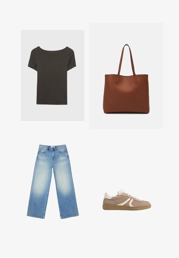 Top corto grigio scuro con scollatura a barca. Realizzato in tessuto a costine, presenta una vestibilità rilassata e un orlo pulito. Design semplice, senza motivi.; Jeans a palazzo azzurri in denim, con vita alta, lavaggio sbiadito e classico design a cinque tasche con chiusura frontale a bottone.; Sneaker con tomaia in suede beige con accenti crema, punta rotonda, chiusura con lacci e suola in gomma testurizzata per una migliore aderenza.; Borsa tote in pelle marrone con texture liscia, design con apertura superiore e due spallacci. Presenta cuciture minime e nessun hardware visibile.