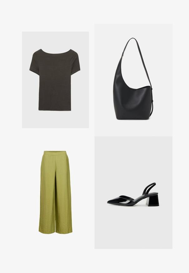 Top corto grigio scuro con scollatura a barca. Realizzato in tessuto a costine, presenta una vestibilità rilassata e un orlo pulito. Design semplice, senza motivi.; Object MIT WEITEM BEIN - Pantaloni - mosstone; Décolleté in vernice nera con punta affusolata e tacco in geometria cubica. Presentano un design elegante e minimalista, con una texture liscia.; Borsa hobo nera in pelle con una superficie liscia, forma curvata e una singola tracolla regolabile; presenta un'ampia apertura nella parte superiore.; Anello doppio in argento con superficie liscia e lucida. Presenta un design fluido e curvo con sezioni sovrapposte per un aspetto moderno.