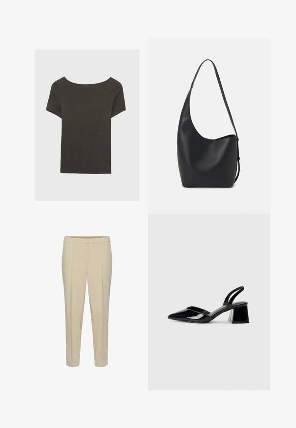 Haut à manches courtes gris foncé avec un col bateau. Fabriqué en tissu côtelé, il présente une coupe décontractée et un ourlet propre. Design simple, sans motifs.; Pantalons beiges ajustés avec une jambe droite, des plis sur le devant et un ourlet à revers. Texture lisse sans éléments visibles ni motifs.; Escarpins en cuir verni noir avec bout pointu et talon bloc géométrique. Présente un design élégant et minimaliste ainsi qu'une texture lisse.; Sac hobo en cuir noir avec une texture lisse, une forme incurvée et une seule sangle réglable ; dispose d'une large ouverture en haut.
