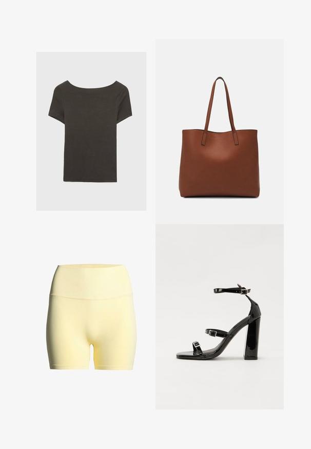 Czarna szara bluzka z krótkim rękawem i dekoltem w kształcie łódki. Wykonana z prążkowanej tkaniny, ma luźny krój i czyste wykończenie. Prosty design, bez wzorów.; Żółte szorty z materiału o gładkiej fakturze, z prążkowanym pasem, o średniej długości, idealne do sportu lub na co dzień.; Czarne lakierowane sandały na obcasie z kwadratowym noskiem, z paskami wokół kostki i srebrnymi klamrami. Posiadają masywny słupek dla stabilności.; Brązowa skórzana torba tote o gładkiej fakturze, z otwartym wierzchem i dwoma ramiączkami. Charakteryzuje się minimalnym przeszyciem i brakiem widocznych elementów metalowych.