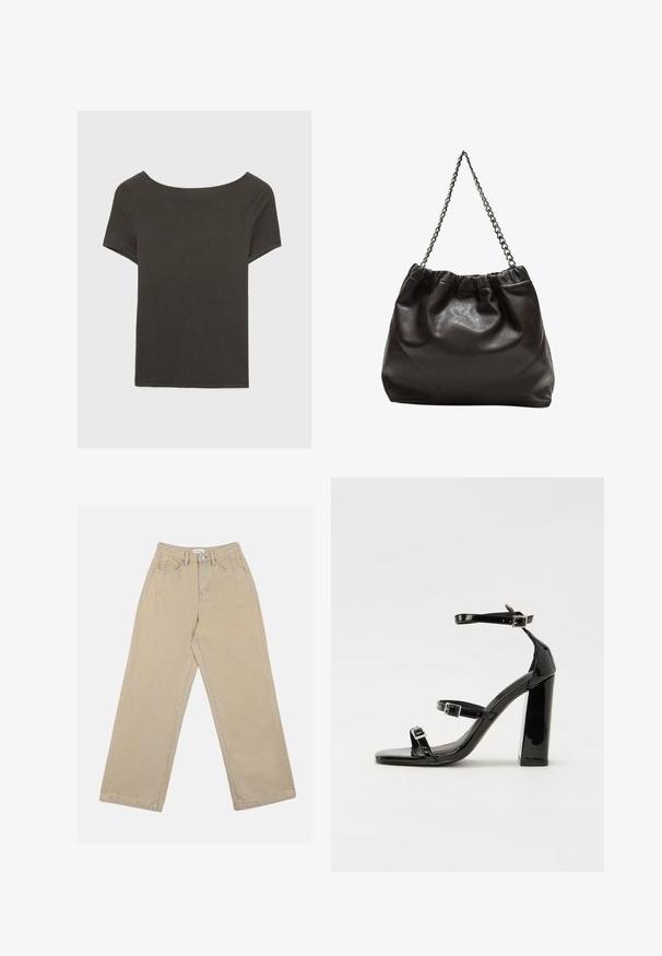 Czarna szara bluzka z krótkim rękawem i dekoltem w kształcie łódki. Wykonana z prążkowanej tkaniny, ma luźny krój i czyste wykończenie. Prosty design, bez wzorów.; Beżowe spodnie typu wide-leg z denimu, z wysokim stanem, przednimi kieszeniami i kontrastującymi szwami. Projekt zawiera zapięcie na guzik.; Czarne lakierowane sandały na obcasie z kwadratowym noskiem, z paskami wokół kostki i srebrnymi klamrami. Posiadają masywny słupek dla stabilności.; Brązowa skórzana torba z marszczonym szczytem i łańcuszkowym paskiem. Gładka tekstura z błyszczącym wykończeniem i subtelnymi detalami szwów po bokach.