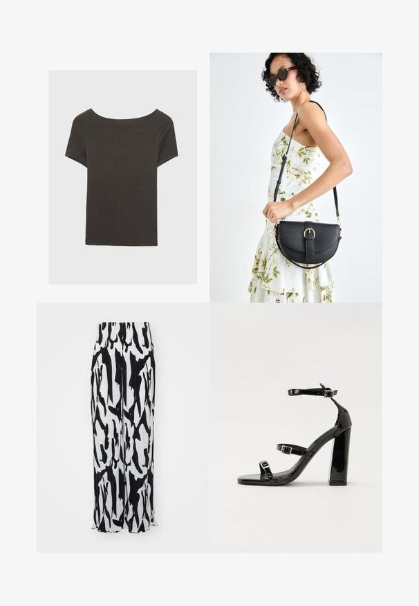 Tmavošedý top s krátkym rukávom a lodičkovým výstrihom. Vyrobený z rebrovanej látky, s voľným strihom a čistým lemovaním. Jednoduchý dizajn, bez vzorov.; Čierno-biele skladané nohavice s širokými nohavicami obsahujúce abstraktný vzor, texturovanú tkaninu a jemne zakrivený lem na spodnej časti.; Čierne lakované sandále na podpätku so štvorcovou špičkou, navlečenými remienkami okolo členku a striebornými prackami. Disponujú masívnym blokovým podpätkom pre stabilitu.; Čierna kožená kabelka s zaobleným tvarom, odnímateľným popruhom a zlatými doplnkami. Kabelka má klopu s detailom s prackou.