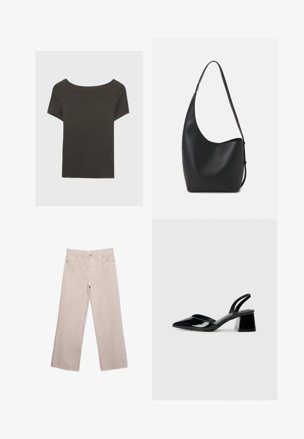 Haut à manches courtes gris foncé avec un col bateau. Fabriqué en tissu côtelé, il présente une coupe décontractée et un ourlet propre. Design simple, sans motifs.; Pantalons larges beige clair en coton doux. Caractéristiques cinq poches, passants de ceinture et coutures subtiles le long de l'ourlet.; Escarpins en cuir verni noir avec bout pointu et talon bloc géométrique. Présente un design élégant et minimaliste ainsi qu'une texture lisse.; Sac hobo en cuir noir avec une texture lisse, une forme incurvée et une seule sangle réglable ; dispose d'une large ouverture en haut.