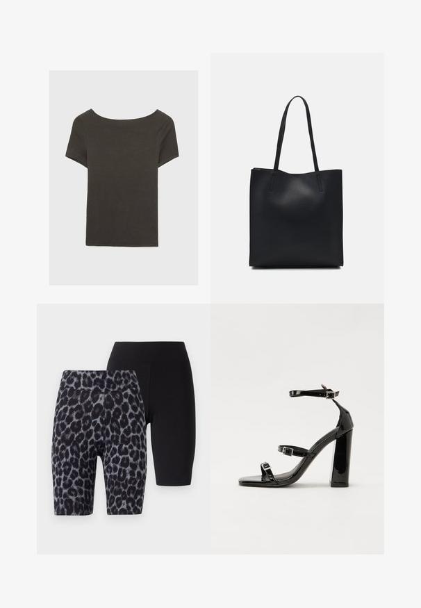 Tmavošedý top s krátkym rukávom a lodičkovým výstrihom. Vyrobený z rebrovanej látky, s voľným strihom a čistým lemovaním. Jednoduchý dizajn, bez vzorov.; Sada dvoch šortiek: jedny čierne, jedny s šedou a čiernou leopardou potlačou. Obe majú hladký povrch a elastický pás.; Čierne lakované sandále na podpätku so štvorcovou špičkou, navlečenými remienkami okolo členku a striebornými prackami. Disponujú masívnym blokovým podpätkom pre stabilitu.; Čierna kožená taška na rameno s hladkým povrchom, obdĺžnikovým tvarom a dvoma dlhými uchami. Bez viditeľného kovania alebo ozdôb.