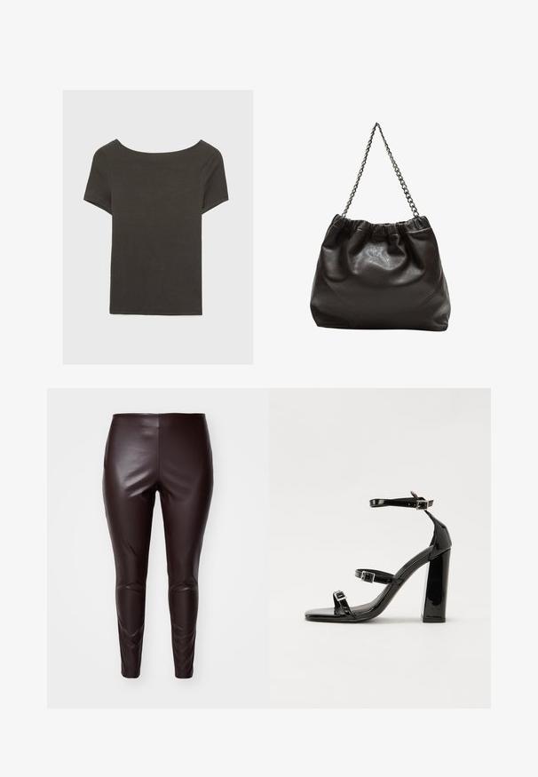 Top corto grigio scuro con scollatura a barca. Realizzato in tessuto a costine, presenta una vestibilità rilassata e un orlo pulito. Design semplice, senza motivi.; Leggings in finta pelle marrone con una texture liscia, design aderente e dettagli sulle ginocchia, dotati di vita alta e aperture delle gambe affusolate.; Sandali con tacco in vernice nera, con punta squadrata, cinturini alla caviglia e fibbie in argento. Presentano un tacco a blocco spesso per maggiore stabilità.; Borsa in pelle marrone con parte superiore arricciata e tracolla a catena. Texture liscia con finitura lucida e dettagli di cucitura sottili sui lati.
