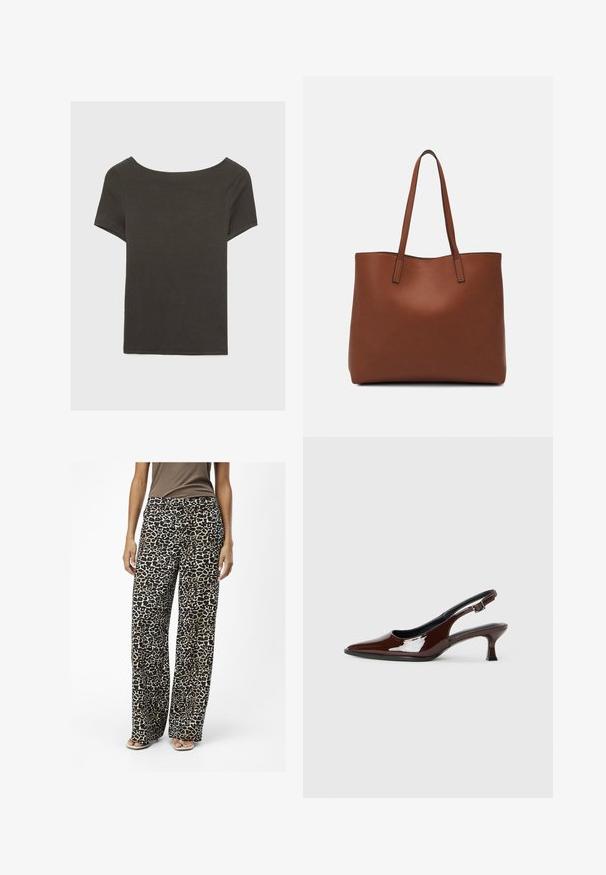 Tummanharmaa lyhythihainen paita, jossa on venepääntie. Valmistettu ribbikankaasta, jossa on rento istuvuus ja siisti helmaviimeistely. Yksinkertainen muotoilu, ilman kuvioita.; Leopardikuosi laajalahkeiset housut, jotka on valmistettu pehmeästä kankaasta. Housuissa on mustia ja vaaleanruskeita värejä, rento istuvuus ja huomaamattomat sivutaskut.; Ruske patentin nahkalijatke sa špicastim nosom i umjerenom petom. Sadrže remen s kopčom za sigurno pristajanje. Glatka tekstura.; Ruskea nahkainen olkalaukku, jossa on sileä pinta, avoin yläosa ja kaksi olkahihnaa. Omaavat vain minimaalisen ompelun eikä näkyvää metalliosaa.