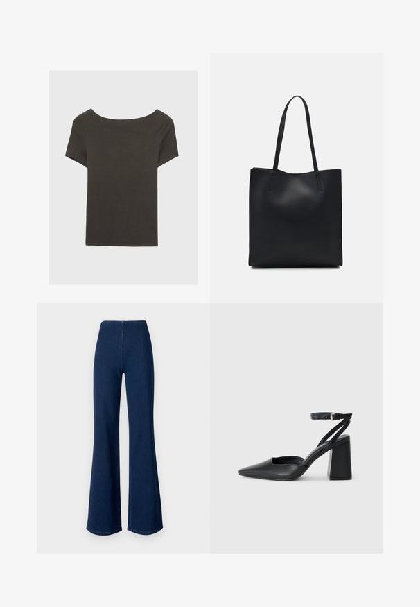 Tummanharmaa lyhythihainen paita, jossa on venepääntie. Valmistettu ribbikankaasta, jossa on rento istuvuus ja siisti helmaviimeistely. Yksinkertainen muotoilu, ilman kuvioita.; Tummansiniset levenevät farkut, joissa on joustava vyötärö. Neulominen on sileä ja lahkeiden muoto on leveä, ulottuen helmaan saakka.; Mustat nahkakengät, joissa on kapea kärki, nilkkaremmi ja paksu korko. Tasainen pinta, tyylikäs muotoilu ja minimalistinen estetiikka.; Mustapahkainen kangaskassi, jossa on sileä pinta, suorakaiteen muotoinen ja kaksi pitkää kahvaa. Ei näkyvää metalliosaa tai koristeita.