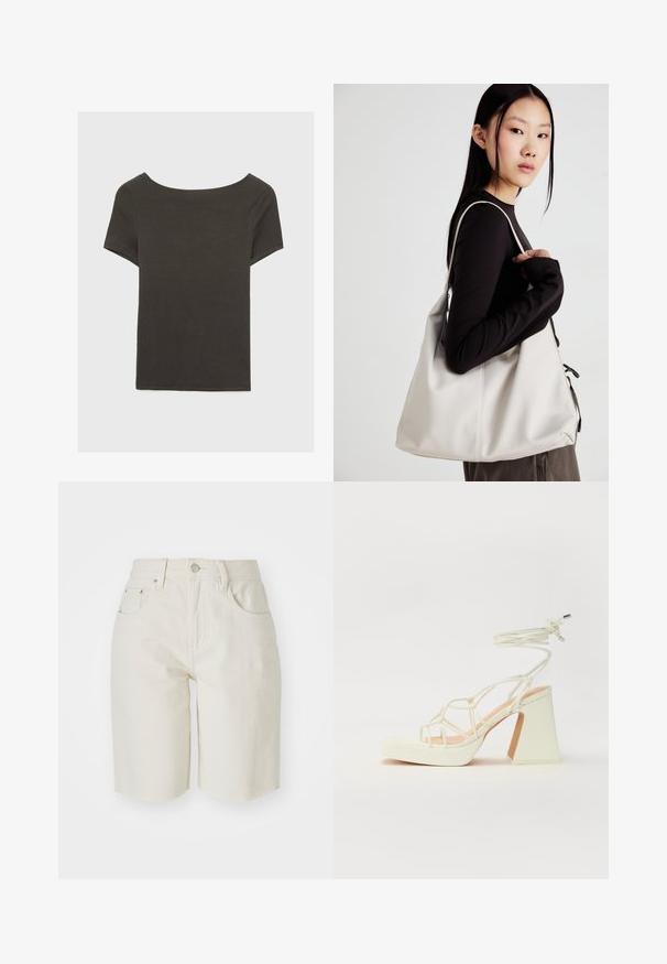 Tmavošedý top s krátkym rukávom a lodičkovým výstrihom. Vyrobený z rebrovanej látky, s voľným strihom a čistým lemovaním. Jednoduchý dizajn, bez vzorov.; Béžové denimové šortky s stredným pásom, piatimi vreckami a rovnými nohavicami. Tkanina sa javí ako odolná s hladkou textúrou a obrobeným lemom.; Biele sandále na vysokom opätku s hrubým podpätkom, s pruhovaným dizajnom a viazaním na členku. Hladký povrch s platformou vpredu pre zvýšenú výšku.; Béžová kabelka vyrobená z mäkkého materiálu, s uvoľneným dizajnom, prišitými detailmi a dvoma popruhmi na nosenie na pleciach. Vhodná na každodenné nosenie.