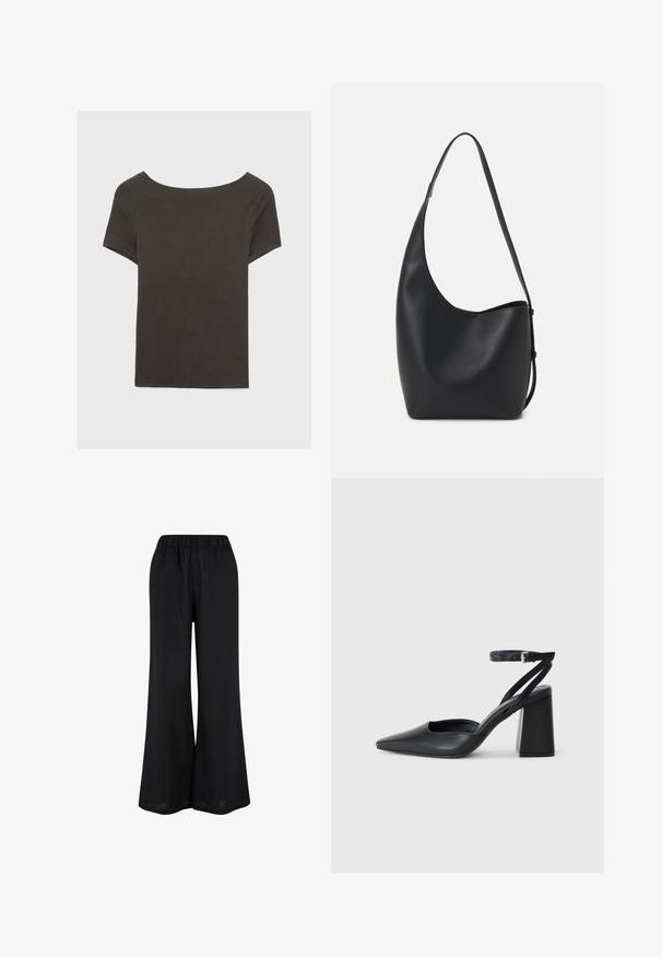 Tmavě šedý top s krátkým rukávem a lodičkovým výstřihem. Vyrobený z ribovaného materiálu, s volnějším střihem a čistým lemem. Jednoduchý design, bez vzorů.; Černé široké kalhoty vyrobené z lehké tkaniny. Mají elastický pas a dlouhý, splývavý design.; Černé kožené lodičky se špičatou špičkou, kotníkovým páskem a silným podpatkem. Hladká textura, elegantní design a minimalistická estetika.; Černá kožená hobo taška s hladkým povrchem, zakřiveným tvarem a jedním nastavitelným popruhem; má široké otevírání nahoře.