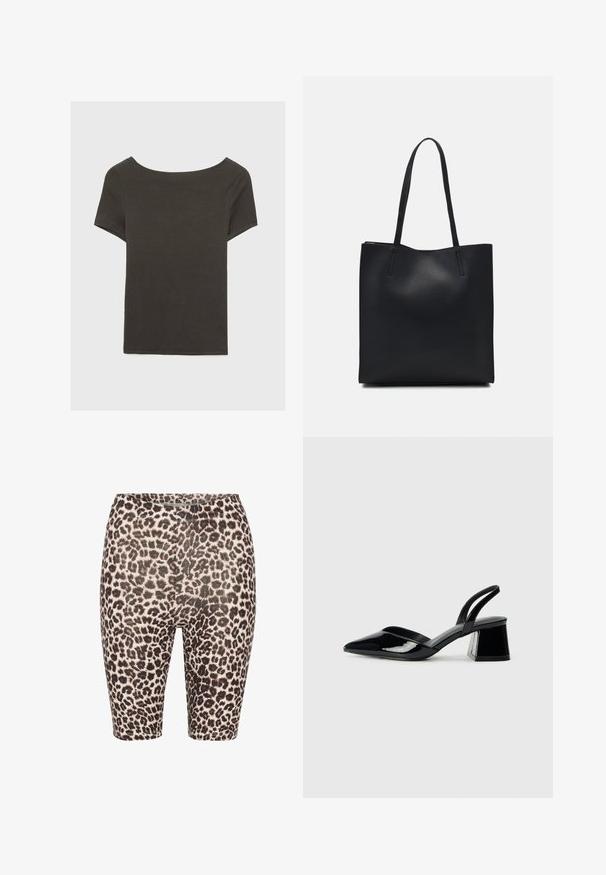 Tamno sivi kratki rukav s izrezom u obliku čamca. Izrađen od rebrastog materijala, s opuštenim krojem i ravnim rubom. Jednostavan dizajn, bez uzoraka.; Biciklističe hlače s leopard printom u crnoj i bež boji, elastičnim pojasom i glatkom teksturom. Dužina do sredine butina s prilagođenim krojem.; Crne lakirane kožne sandale s otvorenom petom i špicastim vrhom, s geometrijskom blok petom. Imaju elegantan, minimalistički dizajn i glatku teksturu.; Crna kožna torba za nošenje s glatkom teksturom, pravokutnim oblikom i dvije duge ručke. Nema vidljivih metalnih dijelova ili ukrasa.