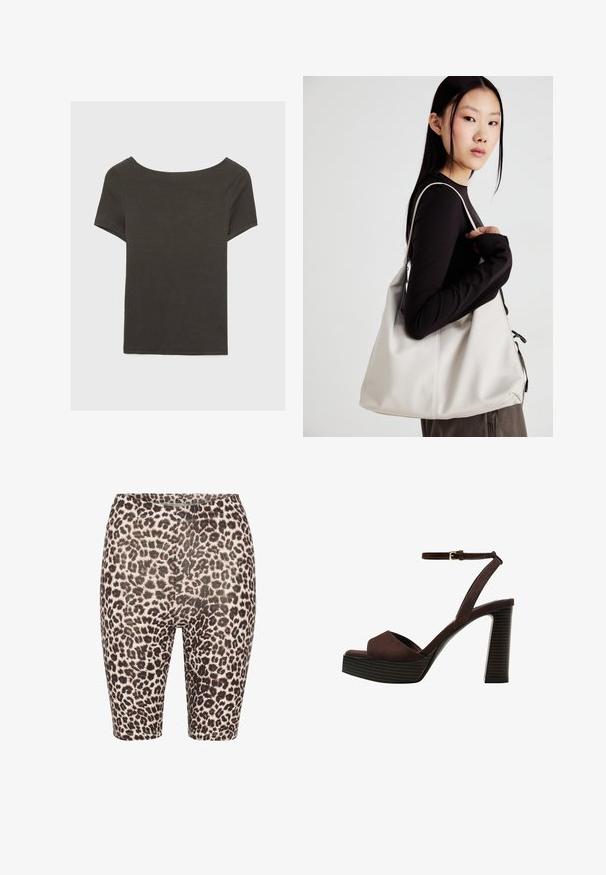 Dunkelgraues Kurzarmoberteil mit Bootsausschnitt. Hergestellt aus geripptem Stoff, mit lockerer Passform und sauberem Saum. Einfaches Design, ohne Muster.; Leopardenmuster-Radsportshorts mit einem schwarz-beigen Farbschema, elastischem Bund und glatter Textur. Mittlere Oberschenkellänge mit figurnaher Passform.; Braune Wildleder-Pumps mit offenem Zeh, verstellbarem Knöchelriemen und gestreiftem Plateausohlen.; Beige Handtasche aus weichem Material, mit einem lässigen Design, gesteppten Details und zwei Schulterriemen. Geeignet für den täglichen Gebrauch.
