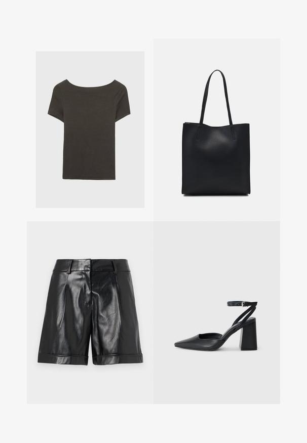 Tmavošedý top s krátkym rukávom a lodičkovým výstrihom. Vyrobený z rebrovanej látky, s voľným strihom a čistým lemovaním. Jednoduchý dizajn, bez vzorov.; Čierne kožené šortky s lesklým povrchom, prednými záhybmi a zvitým lemom. Elegantný dizajn s prispôsobeným pásom a minimálnym hardvérom.; Čierne kožené lodičky s špicatou špičkou a členkovým remienkom, s masívnym podpätkom. Hladký povrch, elegantný dizajn a minimalistická estetika.; Čierna kožená taška na rameno s hladkým povrchom, obdĺžnikovým tvarom a dvoma dlhými uchami. Bez viditeľného kovania alebo ozdôb.
