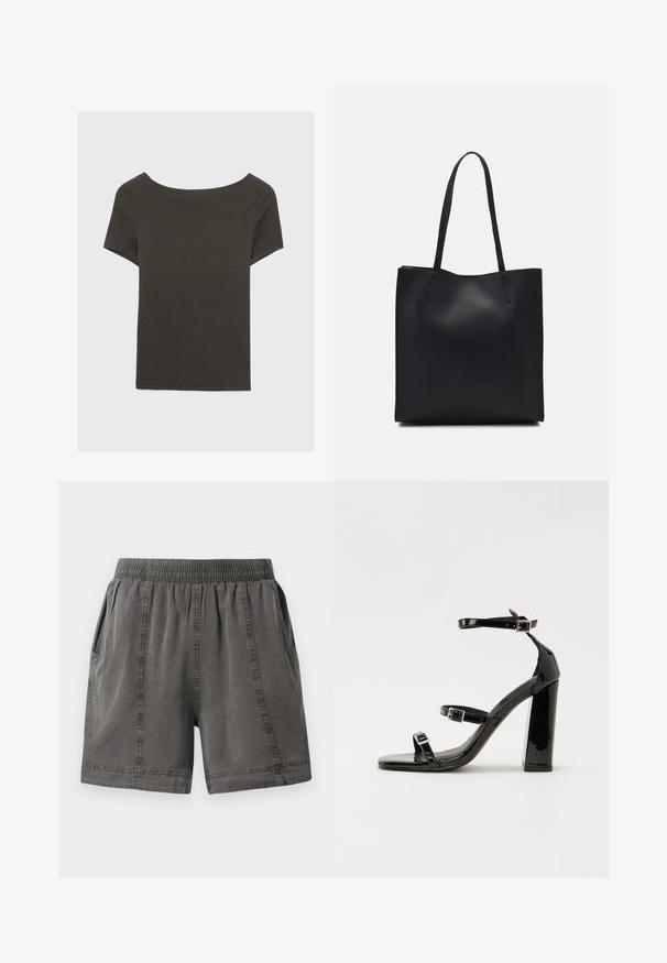 Tmavošedý top s krátkym rukávom a lodičkovým výstrihom. Vyrobený z rebrovanej látky, s voľným strihom a čistým lemovaním. Jednoduchý dizajn, bez vzorov.; Sivé šortky z bavlnenej zmesi s elastickým pásom, bočnými vreckami a prešitím pozdĺž švov. Mäkká textúra a voľný strih.; Čierne lakované sandále na podpätku so štvorcovou špičkou, navlečenými remienkami okolo členku a striebornými prackami. Disponujú masívnym blokovým podpätkom pre stabilitu.; Čierna kožená taška na rameno s hladkým povrchom, obdĺžnikovým tvarom a dvoma dlhými uchami. Bez viditeľného kovania alebo ozdôb.