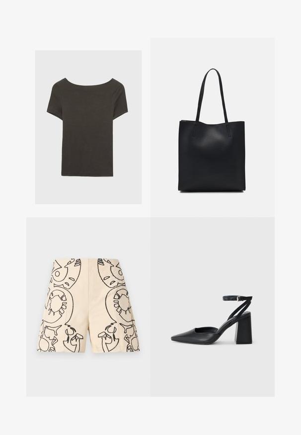 Top corto grigio scuro con scollatura a barca. Realizzato in tessuto a costine, presenta una vestibilità rilassata e un orlo pulito. Design semplice, senza motivi.; Shorts beige con design ricamati neri, che mostrano forme astratte con contorni. Realizzati in un tessuto leggero, offrono uno stile casual.; Pump in pelle nera con punta affusolata, cinturino alla caviglia e tacco spesso. Texture piatta, design elegante ed estetica minimalista.; Borsa tote in pelle nera con texture liscia, forma rettangolare e due manici lunghi. Nessun hardware o decorazione visibile.