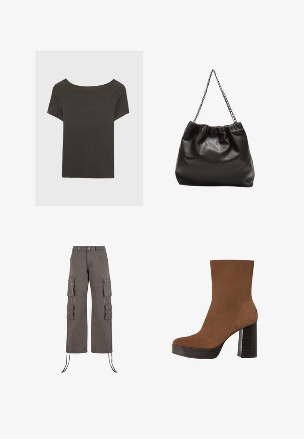Czarna szara bluzka z krótkim rękawem i dekoltem w kształcie łódki. Wykonana z prążkowanej tkaniny, ma luźny krój i czyste wykończenie. Prosty design, bez wzorów.; Spodnie cargo w ciemnoszarym kolorze, wykonane z wytrzymałego materiału. Posiadają sześć kieszeni, szerokie nogawki oraz regulowane sznurki u dołu.; Brązowe zamszowe botki sięgające kostki z zaokrąglonym noskiem, masywnym czarnym paskiem na obcasie i gładką powierzchnią. Charakteryzują się dopasowanym krojem bez widocznych elementów metalowych.; Brązowa skórzana torba z marszczonym szczytem i łańcuszkowym paskiem. Gładka tekstura z błyszczącym wykończeniem i subtelnymi detalami szwów po bokach.