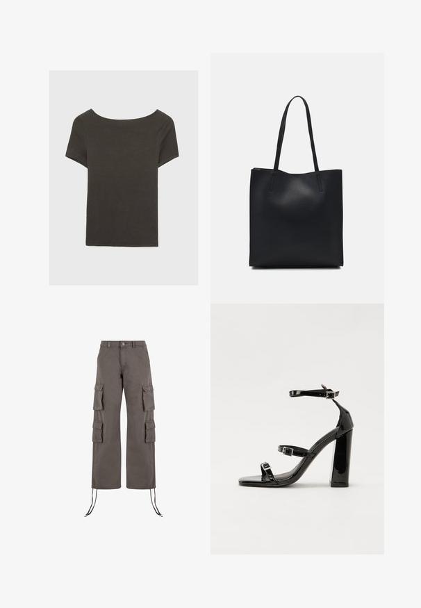 Mörkgrå kortärmad topp med båthals. Tillverkad av ribbad tyg, med avslappnad passform och ren fåll. Enkelt design, inga mönster.; Cargo-byxor i mörkgrått, tillverkade av hållbart tyg. Har sex fickor, vida ben och justerbara snören vid nederkanten.; Svarta lackerade klacksandaler med fyrkantig tå, ankelremmar och silverfärgade spännen. Har en kraftig blockklack för stabilitet.; Svart lädertoffelväska med slät textur, rektangulär form och två långa handtag. Ingen synlig hårdvara eller dekorationer.
