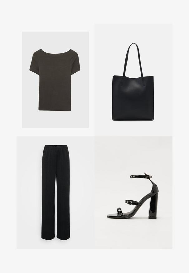 Tmavě šedý top s krátkým rukávem a lodičkovým výstřihem. Vyrobený z ribovaného materiálu, s volnějším střihem a čistým lemem. Jednoduchý design, bez vzorů.; Černé široké kalhoty vyrobené z texturované tkaniny s vertikálními pruhy a elastickým pasem pro pohodlí.; Černé lakované sandály na podpatku se čtveratou špičkou, lýtkovými pásky a stříbrnými přezkami. Disponují masivním blokovým podpatkem pro stabilitu.; Černá kožená taška přes rameno s hladkým povrchem, obdélníkovým tvarem a dvěma dlouhými uchy. Žádné viditelné kování ani ozdoby.