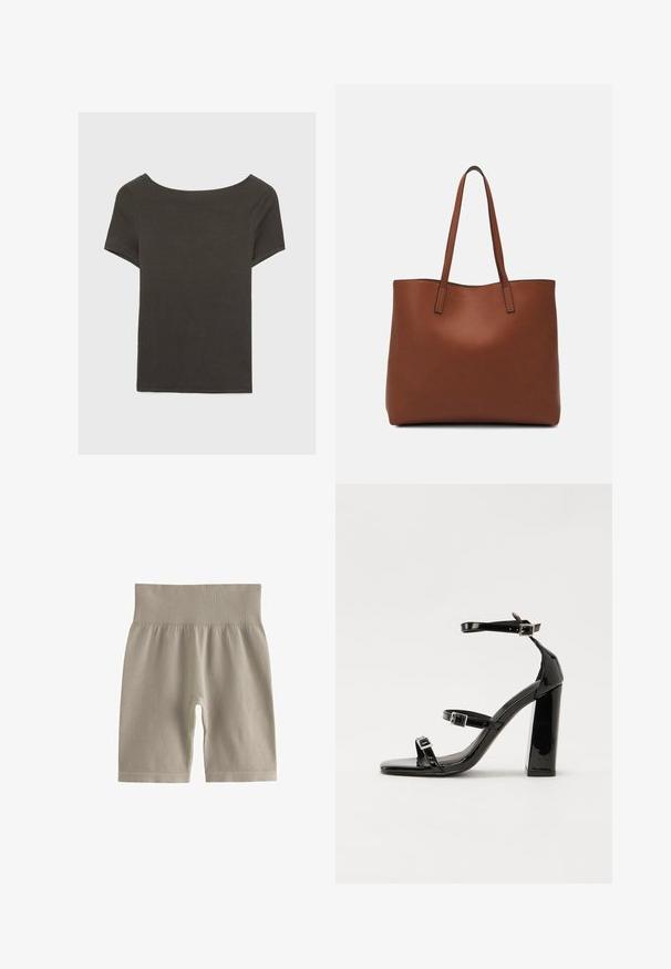 Donkergrijze top met korte mouwen en een bootnek. Gemaakt van ribbelstof, met een relaxte pasvorm en een nette zoom. Eenvoudig ontwerp, geen patronen.; Lichtbeige geribde fietsbroek met een hoge tailleband en zachte textuur, met een strakke pasvorm en een knielange snit.; Zwarte gepatenteerde sandalen met hak en een vierkante neus, enkelbandjes en zilveren gespen. Heeft een stevige blokhak voor stabiliteit.; Bruine leren tote bag met een gladde textuur, een ontwerp met een open bovenkant en twee schouderbanden. Kenmerkt zich door minimale stiksels en geen zichtbare hardware.