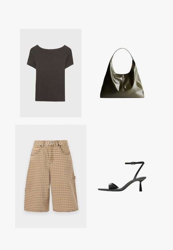 Temno siva kratka majica s čolnasto izrezom. Narejena iz rebraste tkanine, ki ima sproščen kroj in čist rob. Preprost dizajn, brez vzorcev.; BDG Urban Outfitters CHECK NICOLA JORT - Kratke hlače - beige; Bershka Sandali z visoko peto - black; Olivno zelena usnjena torba za rame z gladkim, sijočim zaključkom. Ima zaobljen vrh in mehak, obačen oblik. Minimalističen dizajn.