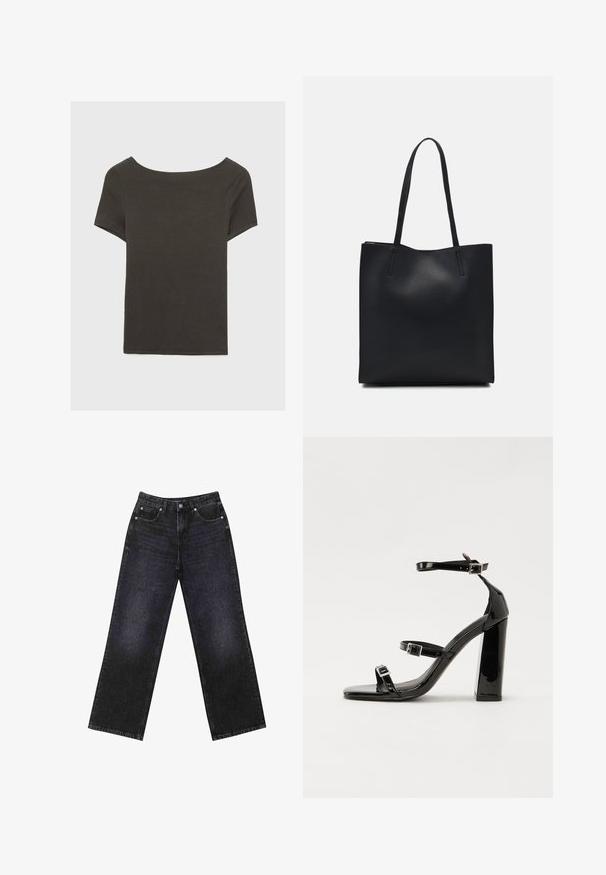 Tamno sivi kratki rukav s izrezom u obliku čamca. Izrađen od rebrastog materijala, s opuštenim krojem i ravnim rubom. Jednostavan dizajn, bez uzoraka.; Crne traperice visokog struka s širokim nogavicama, dizajn s pet džepova i vidljivim šavovima. Tkanina ima glatku, blago teksturiranu završnu obradu.; Crne lakirane sandale na pete sa kvadratnim nosom, trakama oko gležnja i srebrnim kopčama. Imaju čvrst blok petu za stabilnost.; Crna kožna torba za nošenje s glatkom teksturom, pravokutnim oblikom i dvije duge ručke. Nema vidljivih metalnih dijelova ili ukrasa.