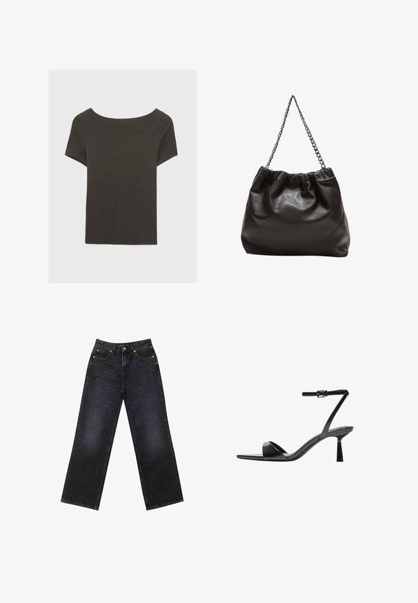 Czarna szara bluzka z krótkim rękawem i dekoltem w kształcie łódki. Wykonana z prążkowanej tkaniny, ma luźny krój i czyste wykończenie. Prosty design, bez wzorów.; Czarne dżinsy z wysokim stanem i szerokimi nogawkami, pięciokieszeniowy design oraz widoczne szwy. Materiał ma gładkie, lekko teksturowane wykończenie.; Bershka - Sandały na obcasie; Brązowa skórzana torba z marszczonym szczytem i łańcuszkowym paskiem. Gładka tekstura z błyszczącym wykończeniem i subtelnymi detalami szwów po bokach.