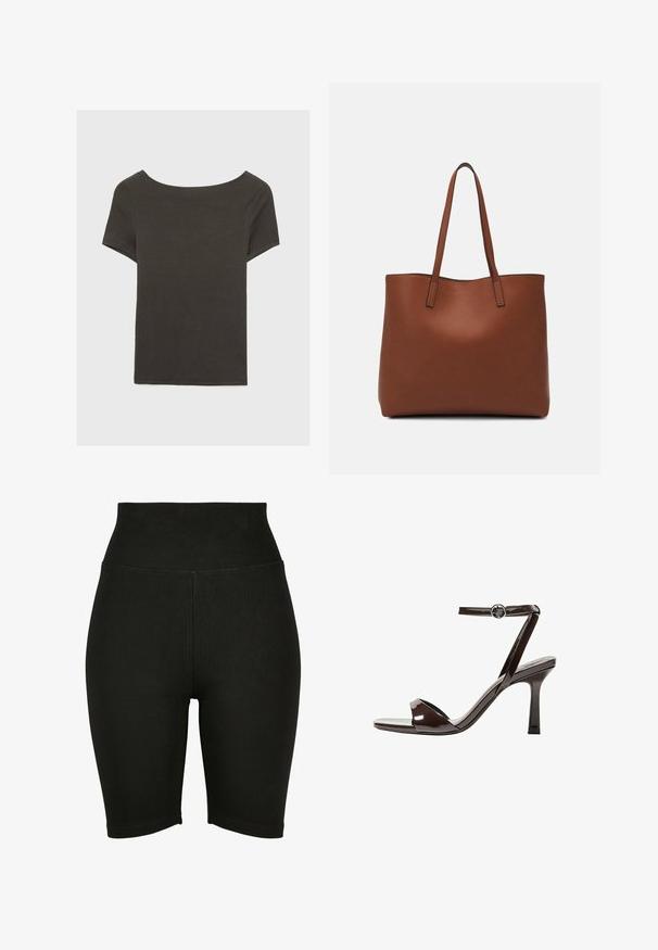 Top corto grigio scuro con scollatura a barca. Realizzato in tessuto a costine, presenta una vestibilità rilassata e un orlo pulito. Design semplice, senza motivi.; Shorts da ciclismo neri a vita alta realizzati in tessuto elasticizzato, con una superficie liscia e bordo cucito, progettati per il comfort e la libertà di movimento.; Sandalini con tacco alto in pelle verniciata marrone, con cinturino alla caviglia, punta aperta e un design elegante e minimalista. Presentano un tacco quadrato.; Borsa tote in pelle marrone con texture liscia, design con apertura superiore e due spallacci. Presenta cuciture minime e nessun hardware visibile.