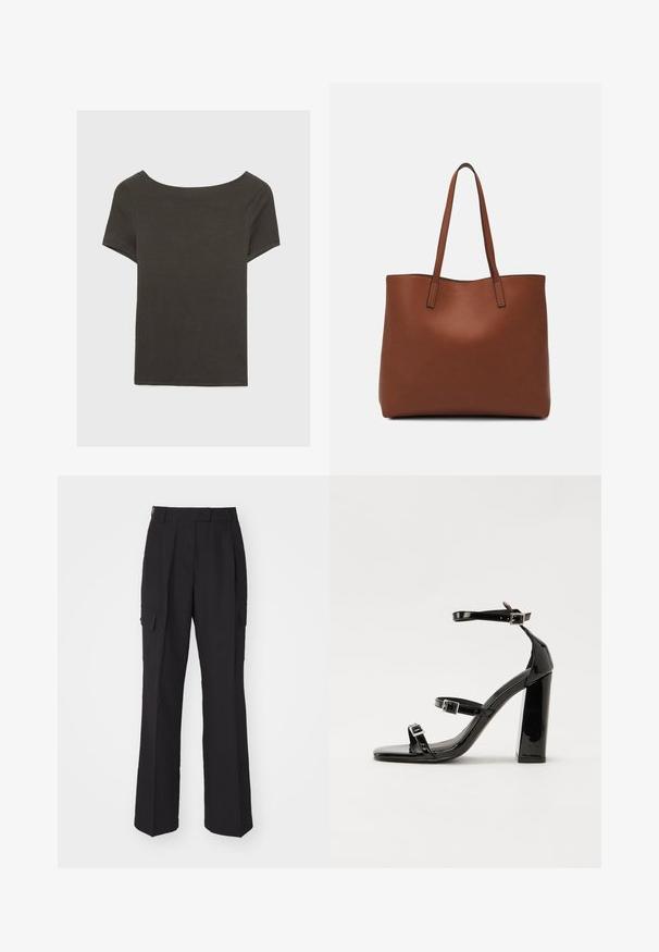 Donkergrijze top met korte mouwen en een bootnek. Gemaakt van ribbelstof, met een relaxte pasvorm en een nette zoom. Eenvoudig ontwerp, geen patronen.; Zwarte cargobroek met een recht gesneden ontwerp, gemaakt van een glad materiaal. Voorzien van twee zijzakken en een strakke tailleband.; Zwarte gepatenteerde sandalen met hak en een vierkante neus, enkelbandjes en zilveren gespen. Heeft een stevige blokhak voor stabiliteit.; Bruine leren tote bag met een gladde textuur, een ontwerp met een open bovenkant en twee schouderbanden. Kenmerkt zich door minimale stiksels en geen zichtbare hardware.