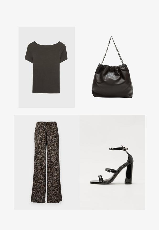 Czarna szara bluzka z krótkim rękawem i dekoltem w kształcie łódki. Wykonana z prążkowanej tkaniny, ma luźny krój i czyste wykończenie. Prosty design, bez wzorów.; Spodnie o szerokich nogawkach w wzór w panterkę w odcieniach czerni i brązu, wykonane z lekkiego materiału, z elastycznym pasem.; Czarne lakierowane sandały na obcasie z kwadratowym noskiem, z paskami wokół kostki i srebrnymi klamrami. Posiadają masywny słupek dla stabilności.; Brązowa skórzana torba z marszczonym szczytem i łańcuszkowym paskiem. Gładka tekstura z błyszczącym wykończeniem i subtelnymi detalami szwów po bokach.