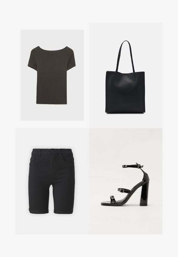Tummanharmaa lyhythihainen paita, jossa on venepääntie. Valmistettu ribbikankaasta, jossa on rento istuvuus ja siisti helmaviimeistely. Yksinkertainen muotoilu, ilman kuvioita.; Mustat farkkushortsit suoran leikkauksen kanssa, joissa on käännetyt lahkeet, etutaskut ja nappisuljenta. Sileä pinta ja minimalistinen muotoilu.; Musta kiiltävä korkokenkä sandaalit neliönmuotoisella varpaalla, nilkkaremmillä ja hopeisilla soljilla. Varustettu tukevalla lohkokorkealla vakauden takaamiseksi.; Mustapahkainen kangaskassi, jossa on sileä pinta, suorakaiteen muotoinen ja kaksi pitkää kahvaa. Ei näkyvää metalliosaa tai koristeita.