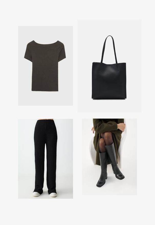 Dunkelgraues Kurzarmoberteil mit Bootsausschnitt. Hergestellt aus geripptem Stoff, mit lockerer Passform und sauberem Saum. Einfaches Design, ohne Muster.; Schwarze, strukturierte, weit geschnittene Hosen mit hoher Taille und elastischem Bund. Der Stoff weist ein gitterartiges Muster auf. Kombiniert mit weißen Sneakers.; Knöchelhöhe schwarze Lederstiefel mit quadrater Spitze und Blockabsatz, gezeigt mit einem Modell, das einen olivgrünen Mantel trägt. Glatte Textur, minimale Details.; Schwarze Laptoptasche aus Leder mit glatter Textur, rechteckiger Form und zwei langen Griffen. Keine sichtbaren Beschläge oder Verzierungen.