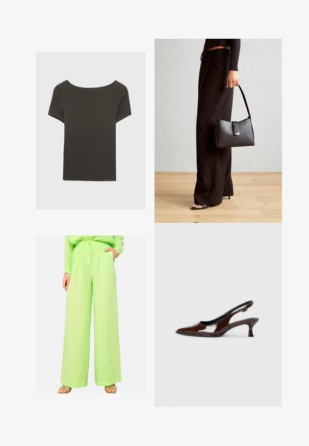 Temno siva kratka majica s čolnasto izrezom. Narejena iz rebraste tkanine, ki ima sproščen kroj in čist rob. Preprost dizajn, brez vzorcev.; Svetlozelene hlače širokih nogavic iz lanu, z zapiranjem na gumb spredaj in stranskima žepoma, z mehkim, teksturiranim koncem.; Rjavi lakirani slingback čevelj z ostro konico in zmerno peto. Ima zaponko za varno prileganje. Gladka tekstura.; Črna torbica z strukturirano obliko, gladko teksturo in kovinskim zaponko. Ujemajo se z širokimi črnimi hlačami in odprtimi sandali na lesenem tleh.
