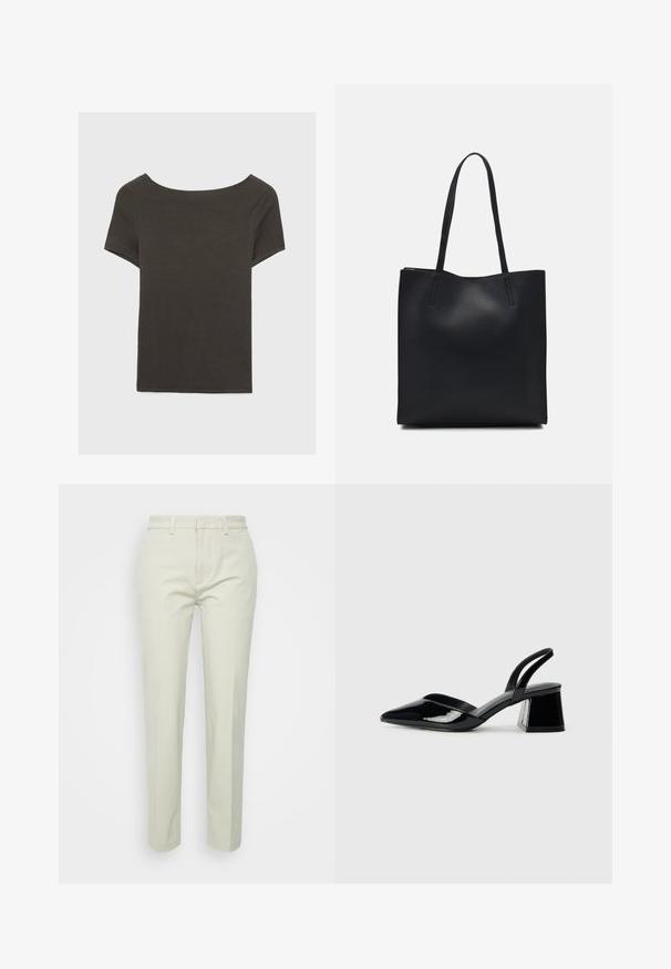 Czarna szara bluzka z krótkim rękawem i dekoltem w kształcie łódki. Wykonana z prążkowanej tkaniny, ma luźny krój i czyste wykończenie. Prosty design, bez wzorów.; Jasno beżowe spodnie typu straight-leg wykonane z bawełny, z płaskim przodem, szlufkami na pasek oraz bez widocznych kieszeni i wzorów.; Czarne lakierowane półbuty na obcasie z wydłużonym noskiem i geometrycznym słupkiem. Charakteryzują się eleganckim, minimalistycznym designem oraz gładką fakturą.; Czarna skórzana torba tote o gładkiej fakturze, prostokątnym kształcie i dwóch długich uchwytach. Brak widocznych elementów metalowych i ozdób.