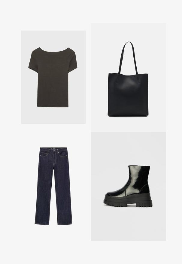 Top corto grigio scuro con scollatura a barca. Realizzato in tessuto a costine, presenta una vestibilità rilassata e un orlo pulito. Design semplice, senza motivi.; Jeans in denim blu scuro con design a gamba dritta, caratterizzati da cinque tasche e cuciture a contrasto. L'orlo presenta spacchi laterali per un tocco di dettagli.; Stivale nero lucido alla caviglia con suola spessa e tonda, vista laterale su sfondo grigio chiaro uniforme.; Borsa tote in pelle nera con texture liscia, forma rettangolare e due manici lunghi. Nessun hardware o decorazione visibile.