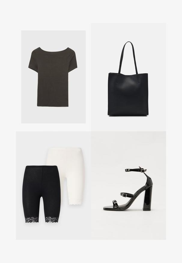 Tmavě šedý top s krátkým rukávem a lodičkovým výstřihem. Vyrobený z ribovaného materiálu, s volnějším střihem a čistým lemem. Jednoduchý design, bez vzorů.; Černobílé stahovací šortky s krajkovými detaily na lemech. Černá varianta má květinový krajkový vzor, zatímco bílá má jednobarevný lem.; Černé lakované sandály na podpatku se čtveratou špičkou, lýtkovými pásky a stříbrnými přezkami. Disponují masivním blokovým podpatkem pro stabilitu.; Černá kožená taška přes rameno s hladkým povrchem, obdélníkovým tvarem a dvěma dlouhými uchy. Žádné viditelné kování ani ozdoby.