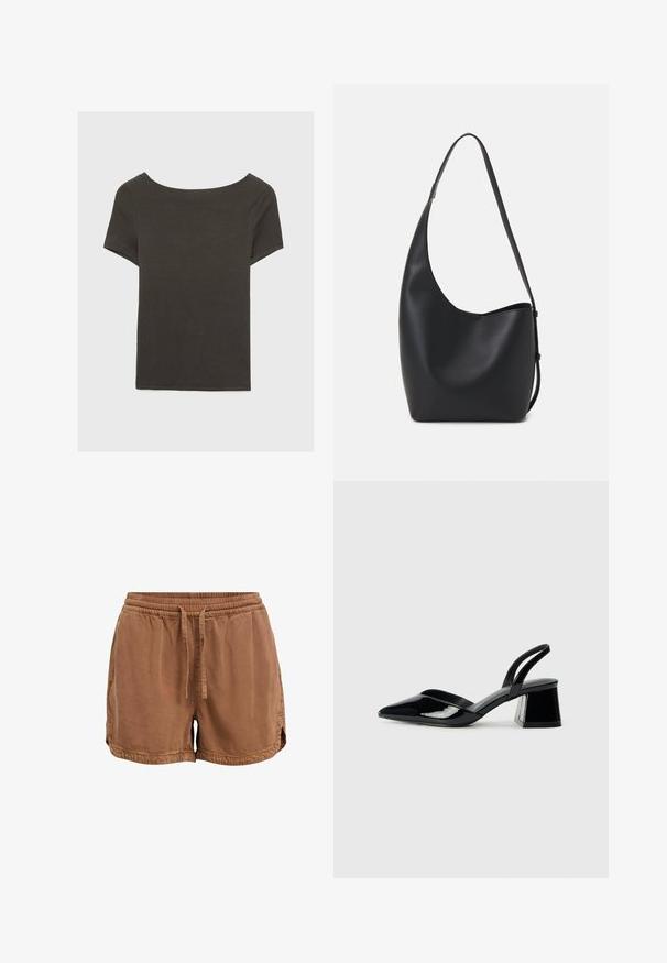 Dunkelgraues Kurzarmoberteil mit Bootsausschnitt. Hergestellt aus geripptem Stoff, mit lockerer Passform und sauberem Saum. Einfaches Design, ohne Muster.; Braune Shorts aus weichem Stoff, mit elastischem Bund, verstellbarem Kordelzug und Seitentaschen. Saum mit kleinen seitlichen Schlitzen.; Schwarze Lackleder-Slingback-High Heels mit spitzem Schuh und einem geometrischen Blockabsatz. Verfügt über ein schlankes, minimalistisches Design und eine glatte Textur.; Schwarze Leder-Hobo-Tasche mit einer glatten Textur, geschwungener Form und einem einzelnen verstellbaren Tragegurt; verfügt über eine weite Öffnung am oberen Ende.