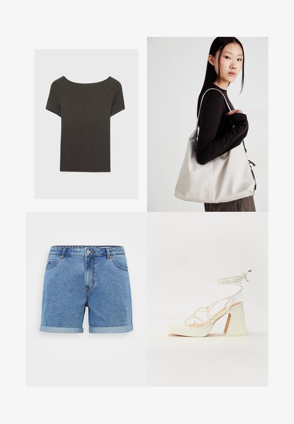 Tamno sivi kratki rukav s izrezom u obliku čamca. Izrađen od rebrastog materijala, s opuštenim krojem i ravnim rubom. Jednostavan dizajn, bez uzoraka.; Traperice kratke hlače u svijetlo plavoj boji, s prevrnutim rubom, dizajnom s pet džepova, kopčanjem na dugme i šivenim detaljima. Izrađene od pamučne tkanine.; Bijela sandala na visokoj potpetici s debelim petom, s remenom i vezanjem oko gležnja. Glatka tekstura s platformom sprijeda za dodatnu visinu.; Bežna torba od mekog materijala s opuštenim dizajnom, šivanim detaljima i dva remena za rame. Pogodna za svakodnevnu upotrebu.