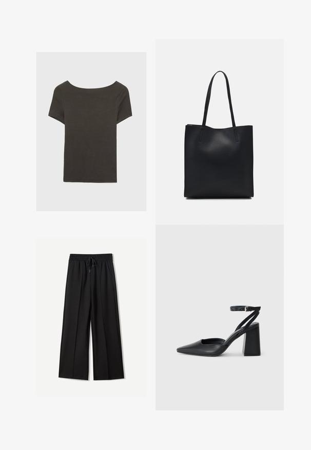 Tmavošedý top s krátkym rukávom a lodičkovým výstrihom. Vyrobený z rebrovanej látky, s voľným strihom a čistým lemovaním. Jednoduchý dizajn, bez vzorov.; Čierne široké nohavice vyrobené z mäkkej látky. Majú elastický pás s šnúrkou a dve bočné vrecká. Predná časť je rovná s záhybmi.; Čierne kožené lodičky s špicatou špičkou a členkovým remienkom, s masívnym podpätkom. Hladký povrch, elegantný dizajn a minimalistická estetika.; Čierna kožená taška na rameno s hladkým povrchom, obdĺžnikovým tvarom a dvoma dlhými uchami. Bez viditeľného kovania alebo ozdôb.