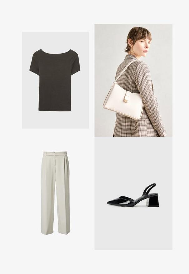 Dark grey short-sleeve top with a boat neckline. Made from ribbed fabric, featuring a relaxed fit and clean hemline. Simple design, no patterns.; Beige wide-leg trousers with a smooth texture, featuring a pleated front, belt loops, and two side pockets. Made of lightweight fabric.; Black patent leather slingback heels with a pointed toe and a geometric block heel. Features a sleek, minimal design and smooth texture.; White leather handbag with a structured design, featuring a magnetic clasp and a shoulder strap, showcased against a neutral background.