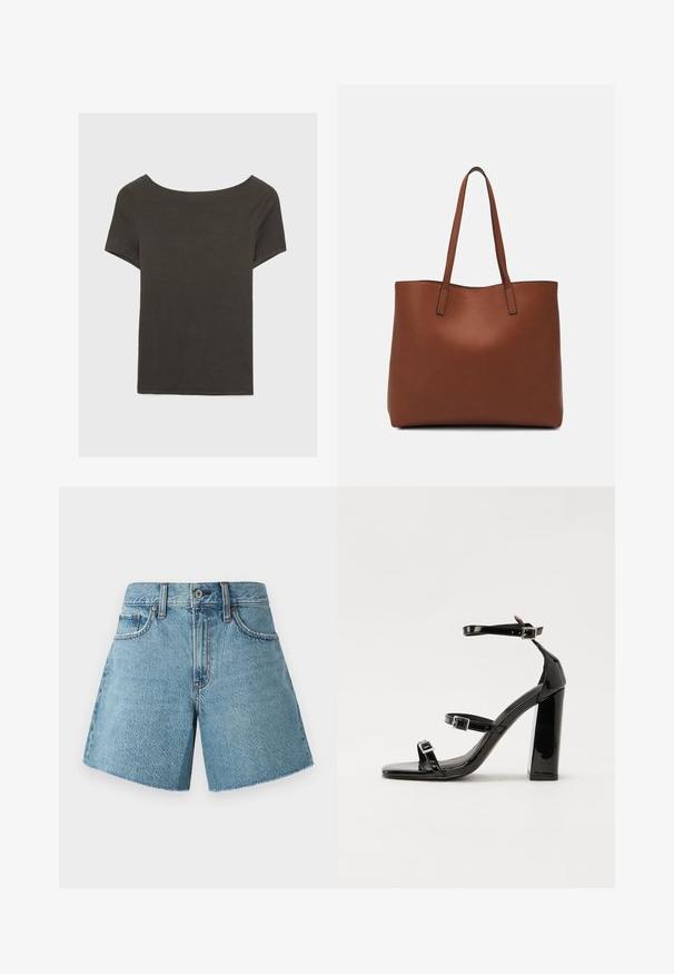 Czarna szara bluzka z krótkim rękawem i dekoltem w kształcie łódki. Wykonana z prążkowanej tkaniny, ma luźny krój i czyste wykończenie. Prosty design, bez wzorów.; Jasnoniebieskie szorty dżinsowe z wysokim stanem, pięcioma kieszeniami i surowym wykończeniem. Wykonane z teksturowanej bawełnianej tkaniny o klasycznym designie.; Czarne lakierowane sandały na obcasie z kwadratowym noskiem, z paskami wokół kostki i srebrnymi klamrami. Posiadają masywny słupek dla stabilności.; Brązowa skórzana torba tote o gładkiej fakturze, z otwartym wierzchem i dwoma ramiączkami. Charakteryzuje się minimalnym przeszyciem i brakiem widocznych elementów metalowych.